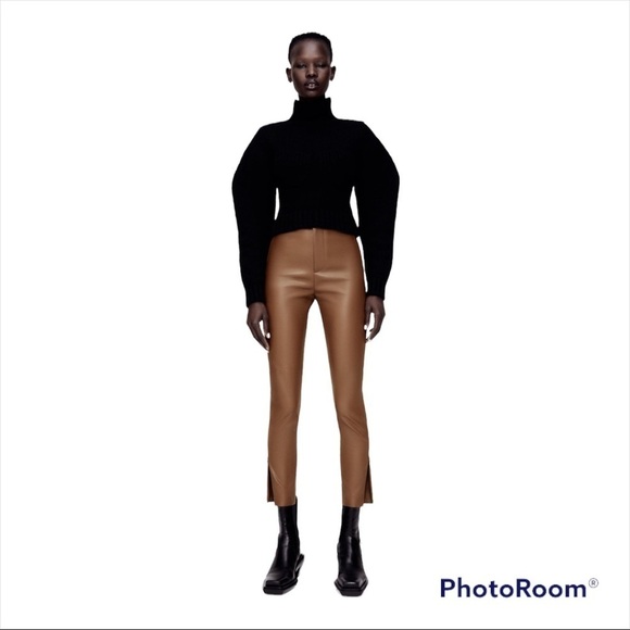 NWT ZARA Camel High Rise Faux Leather Ankle Zip Leggings XS - Picture 2 of 10